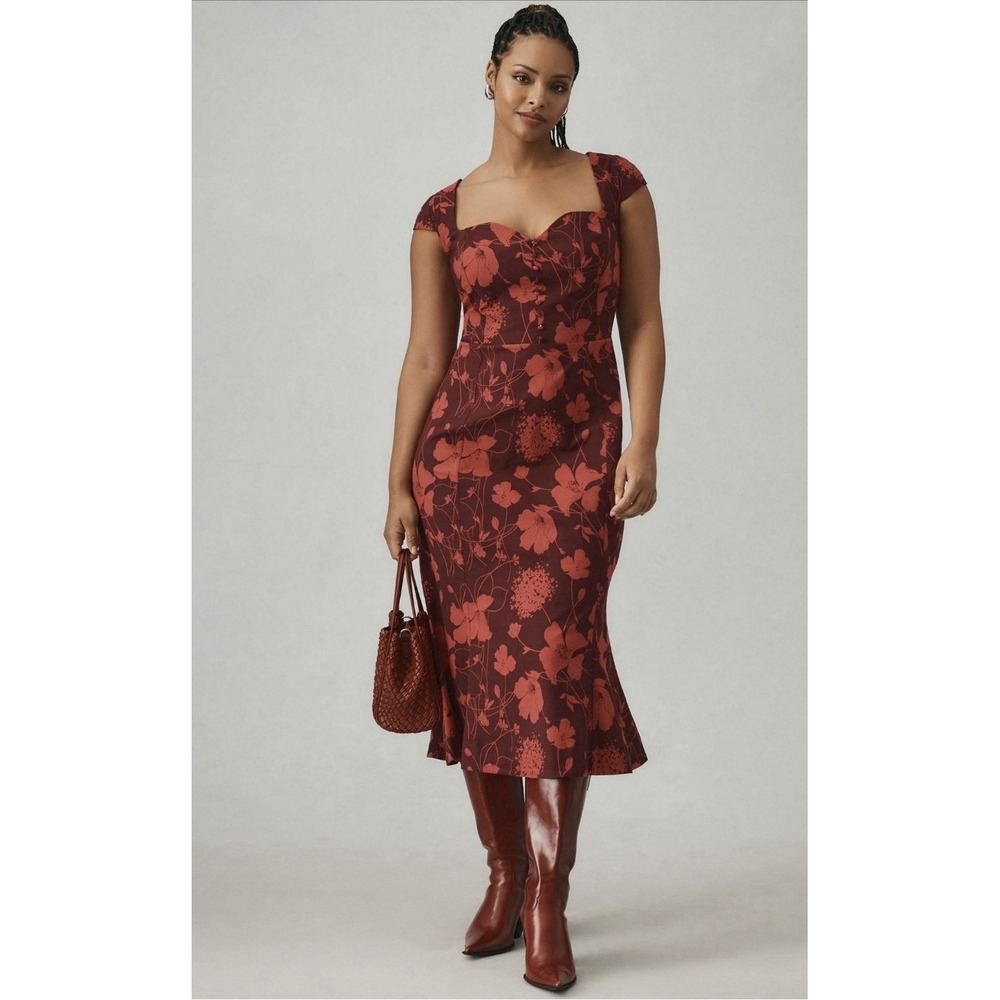 Anthropologie Plus 2X The Cecily Stretchy Sweetheart Wine Floral MIDI Dress